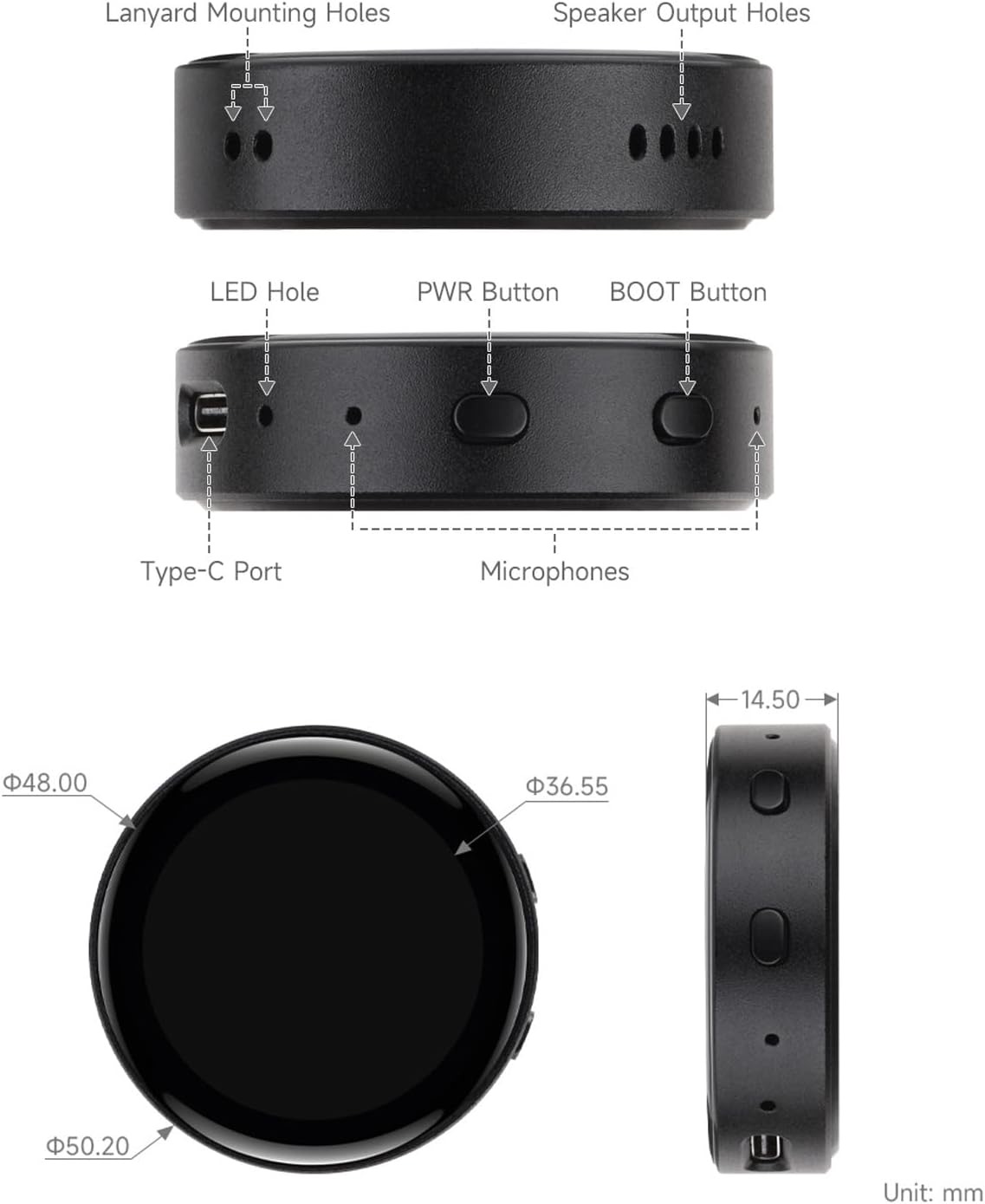 Technical drawing of the device showing lanyard mounting holes, speaker output holes, LED, power and boot buttons, USB-C port and two microphones, with dimensions of 50.20 mm across and 14.50 mm thick