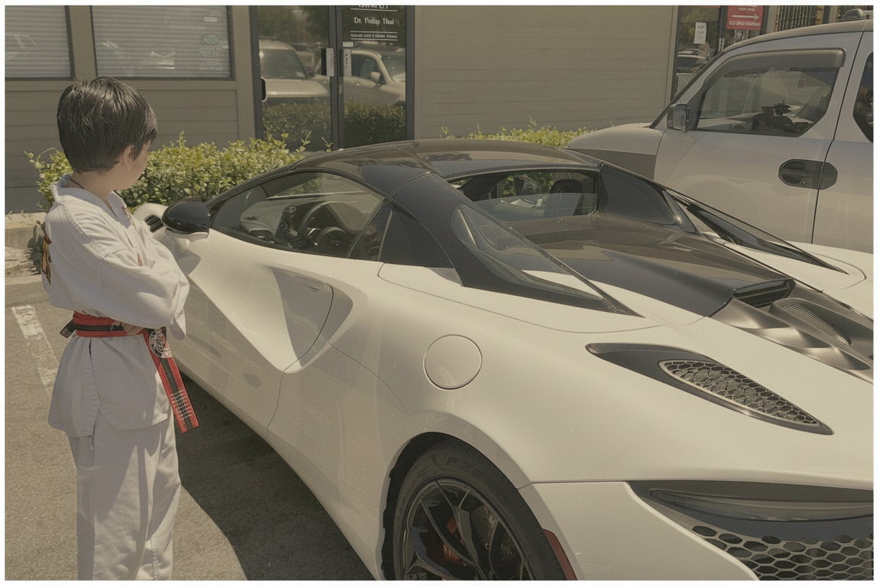 My son standing in a car park with his arms folded, studying a white sports car.